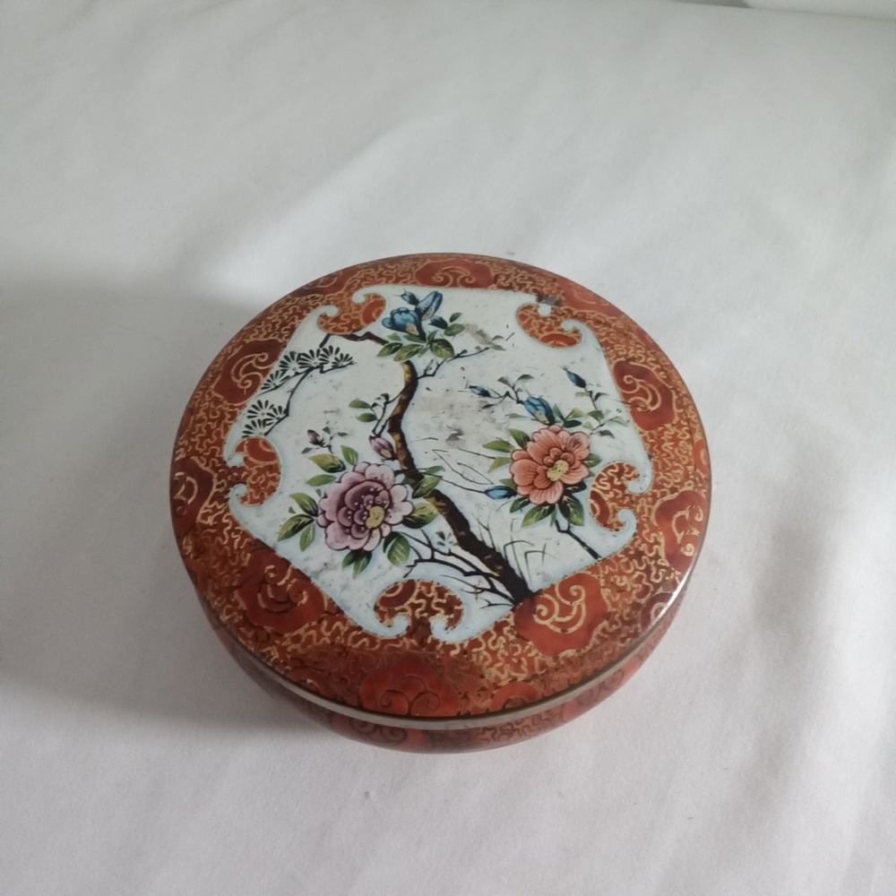 Vintage Daher‎ Decorated Ware Round Tin Floral Bird Chinoiserie Red Gold England